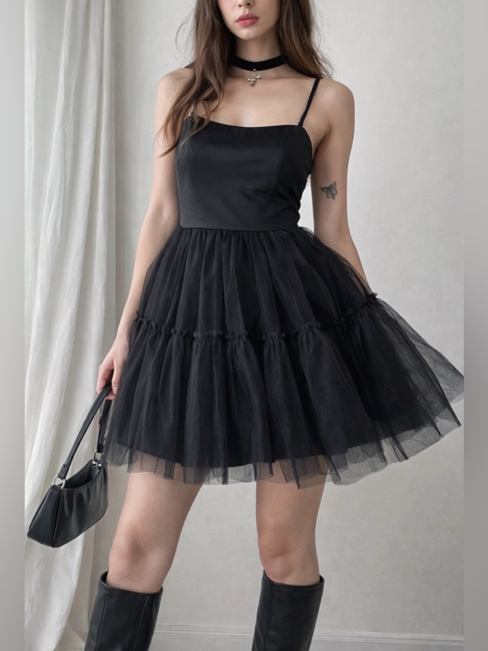 Black Tulle Mini Dress Tiered Babydoll Slip Party Aesthetic XL